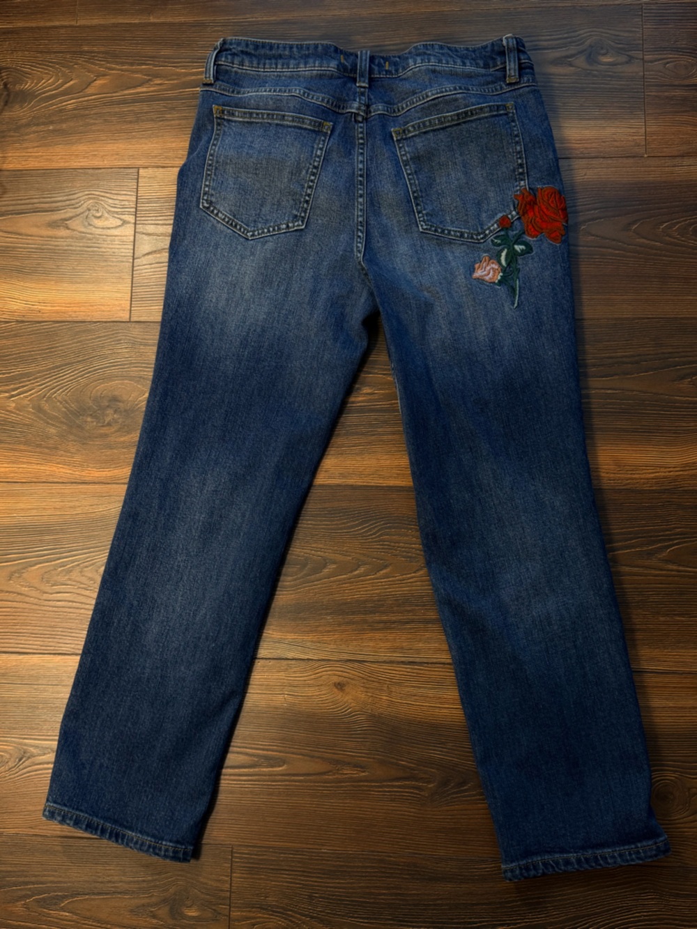 Free People Dark Blue Straight Leg Jeans with Red Rose Embroidery